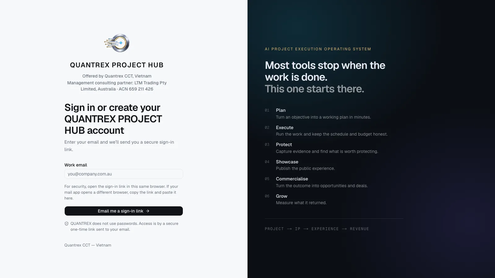 The QUANTREX PROJECT HUB sign-in page on ltmprojecthub.com